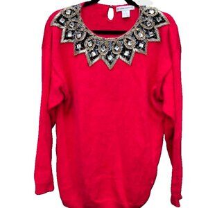 Victory Harbour 1990's Hand Embellished Holiday Sweater Red Large runs BIG